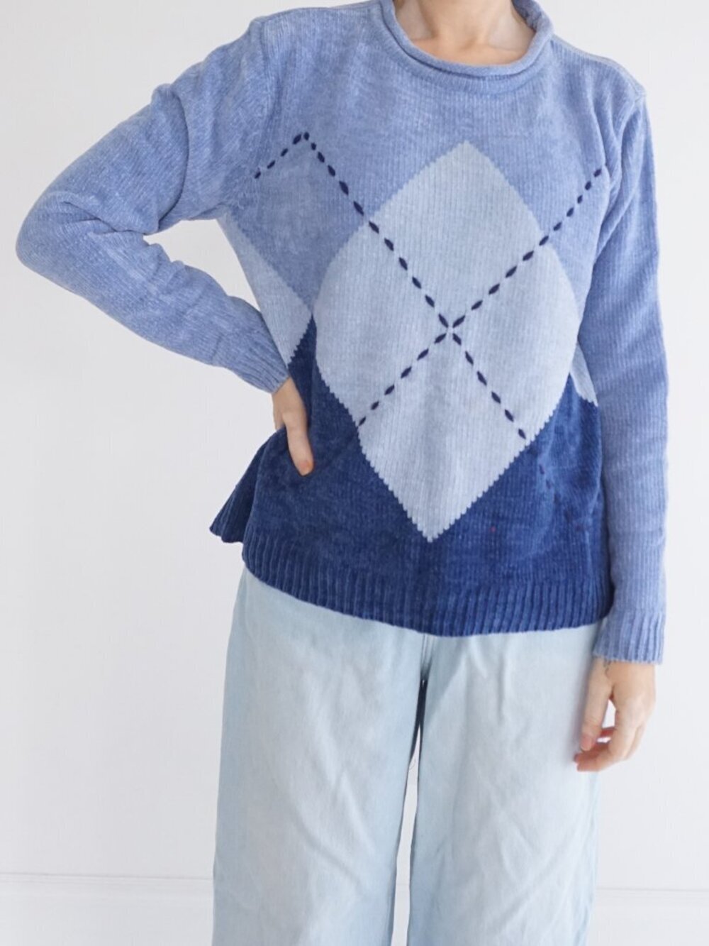 Vintage Classic Elements Blue Argyle Diamond Chenille Knit Sweater Soft Preppy L